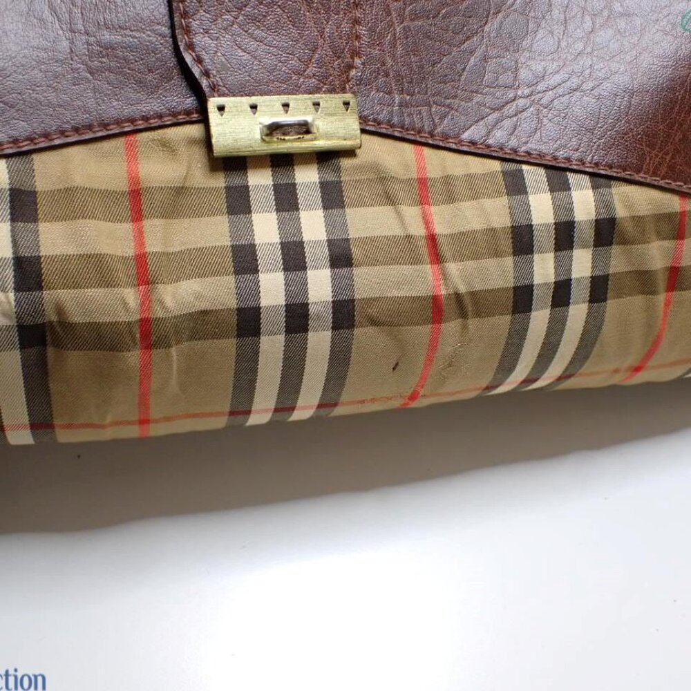 Burberry Tan Plaid Canvas and Brown Leather Duffel Bag - Picture 7 of 7